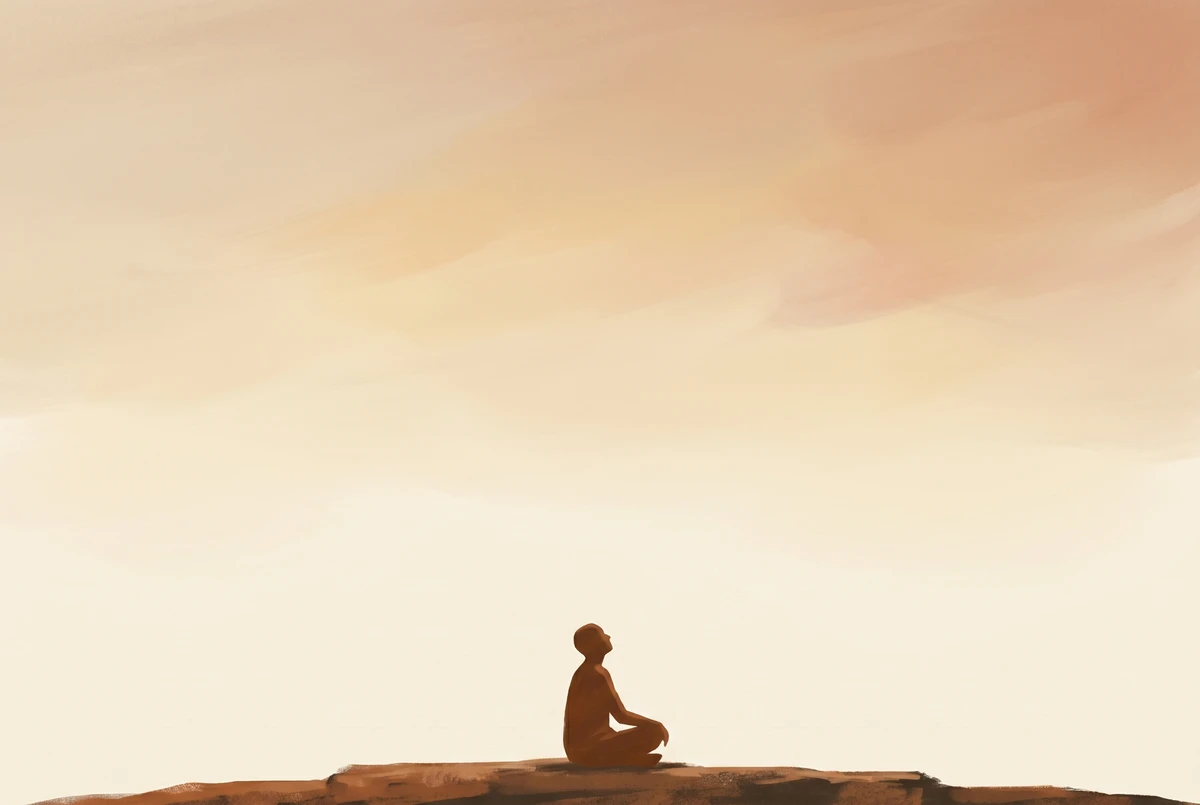 Silhouetted meditator seated on a stone ridge gazing upward into a vast cream and ochre expanse of open sky