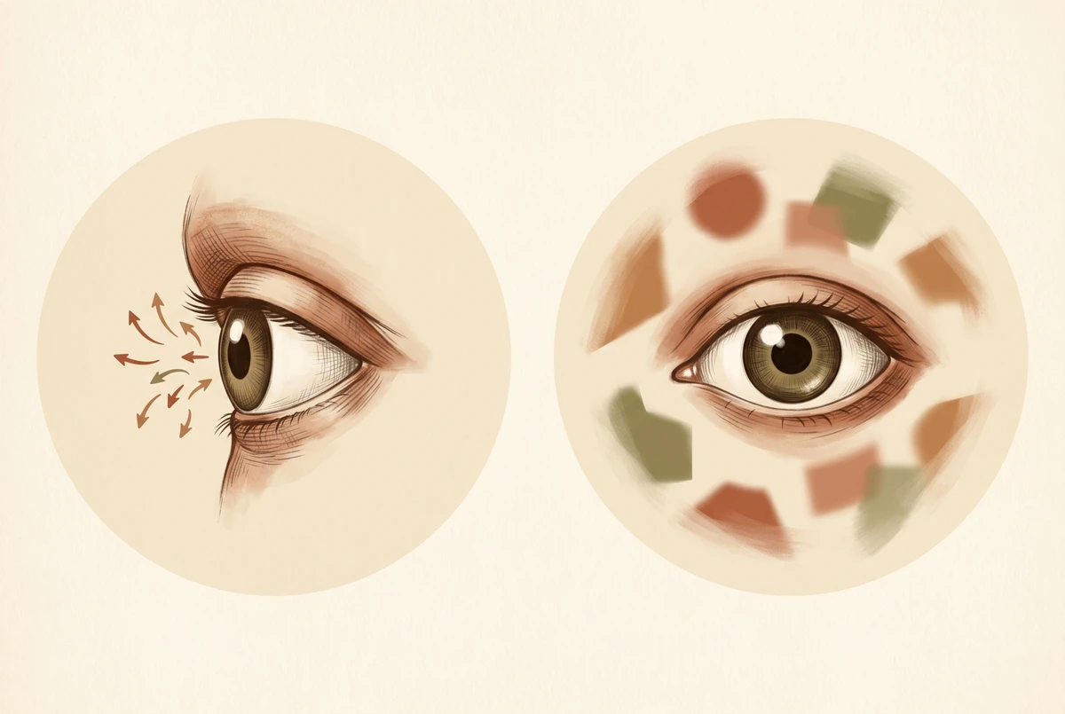 Two painterly vignettes illustrating tiny involuntary fixation eye movements on the left and the fading of unchanging peripheral vision on the right