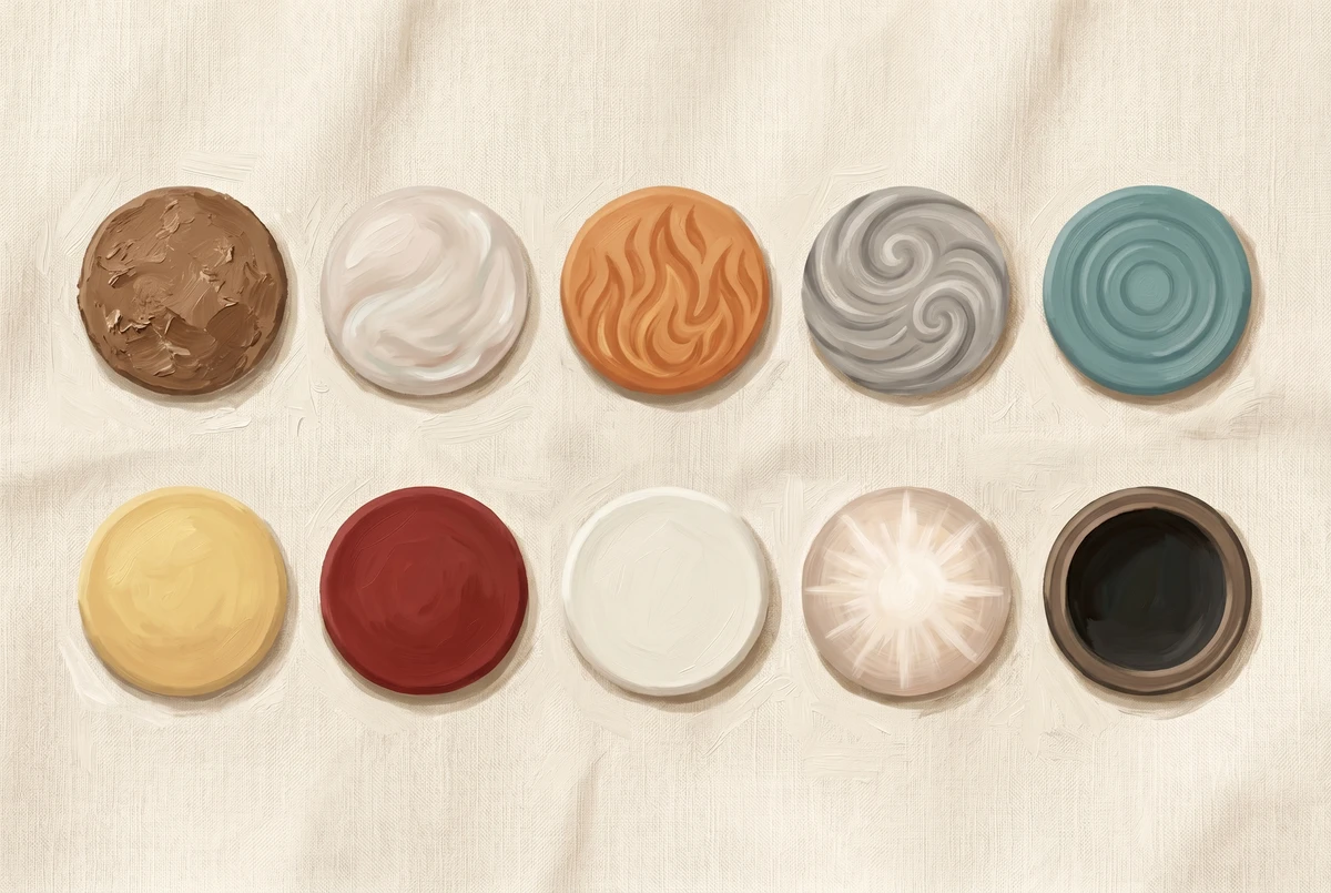 Overhead view of ten round painted meditation disks arranged in two rows on warm cream linen, each representing a different element, color, or quality