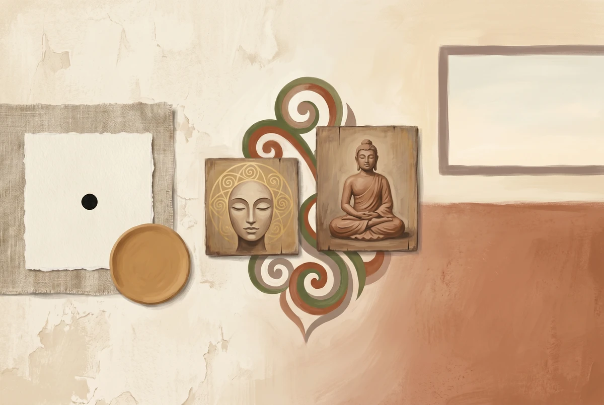 Horizontal painterly spectrum showing neutral meditation objects on the left, sacred objects in the middle, and empty sky and blank wall on the right