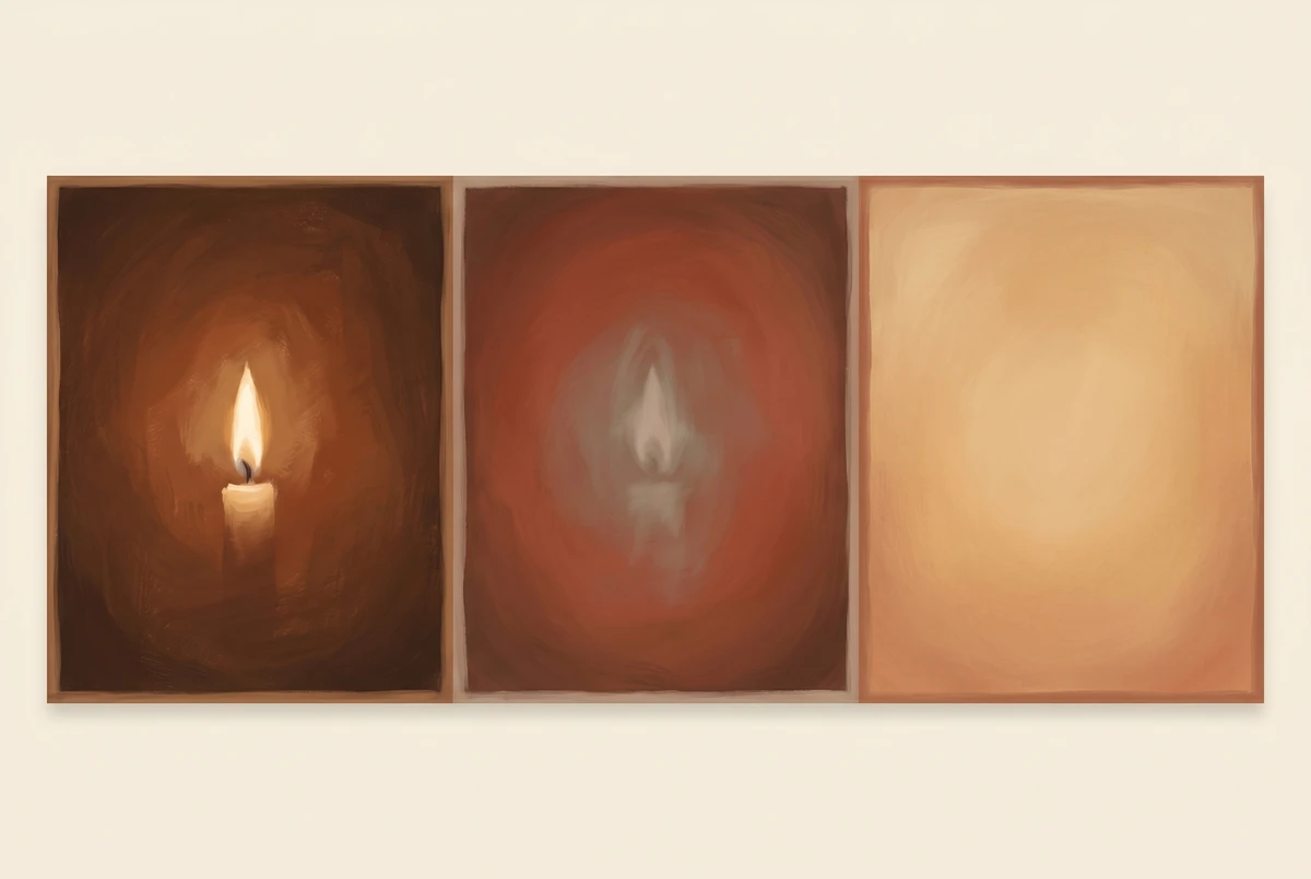 Triptych showing the three stages of gazing meditation: external candle flame, internal afterimage, and a formless luminous field