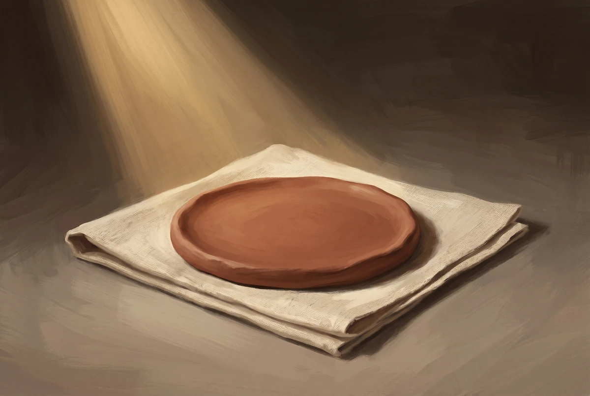 A smooth red-brown earth kasina disc of clay, spread on a piece of folded canvas, lit softly from above as a meditation object