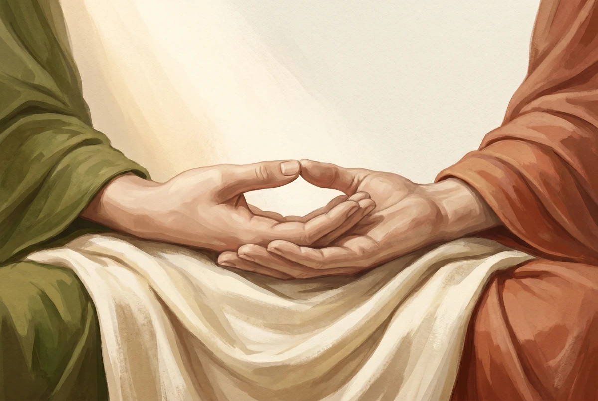 A seated meditator's hands resting in the lap in dhyana mudra, palms up with thumbs lightly touching, on cream-colored cloth