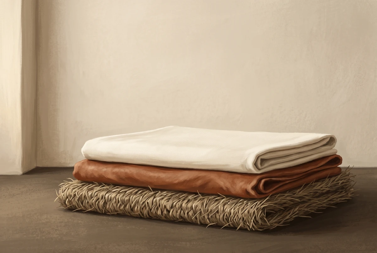 A side view of a traditional three-layer meditation seat: kusha grass on the bottom, deerskin in the middle, and folded cloth on top, with each layer clearly visible