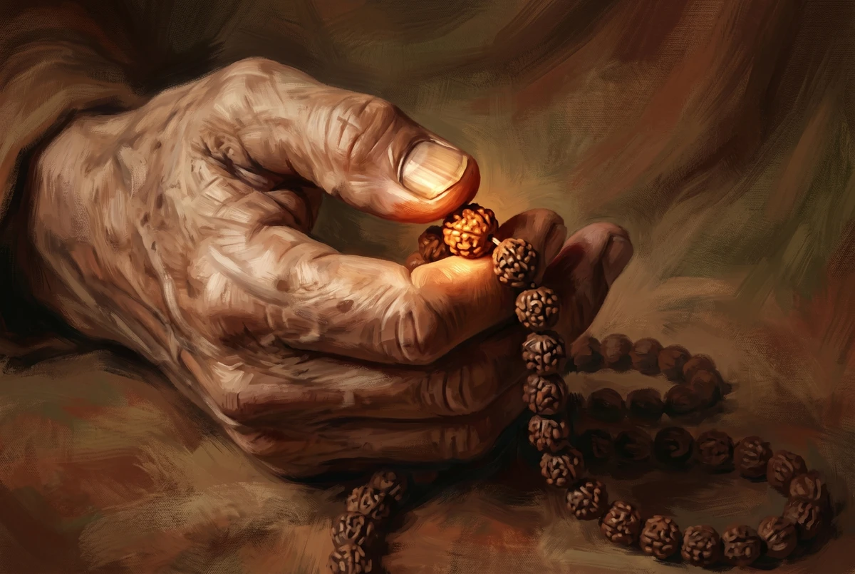 A weathered hand holding a strand of rudraksha prayer beads, with the thumb rolling a single bead forward to count it