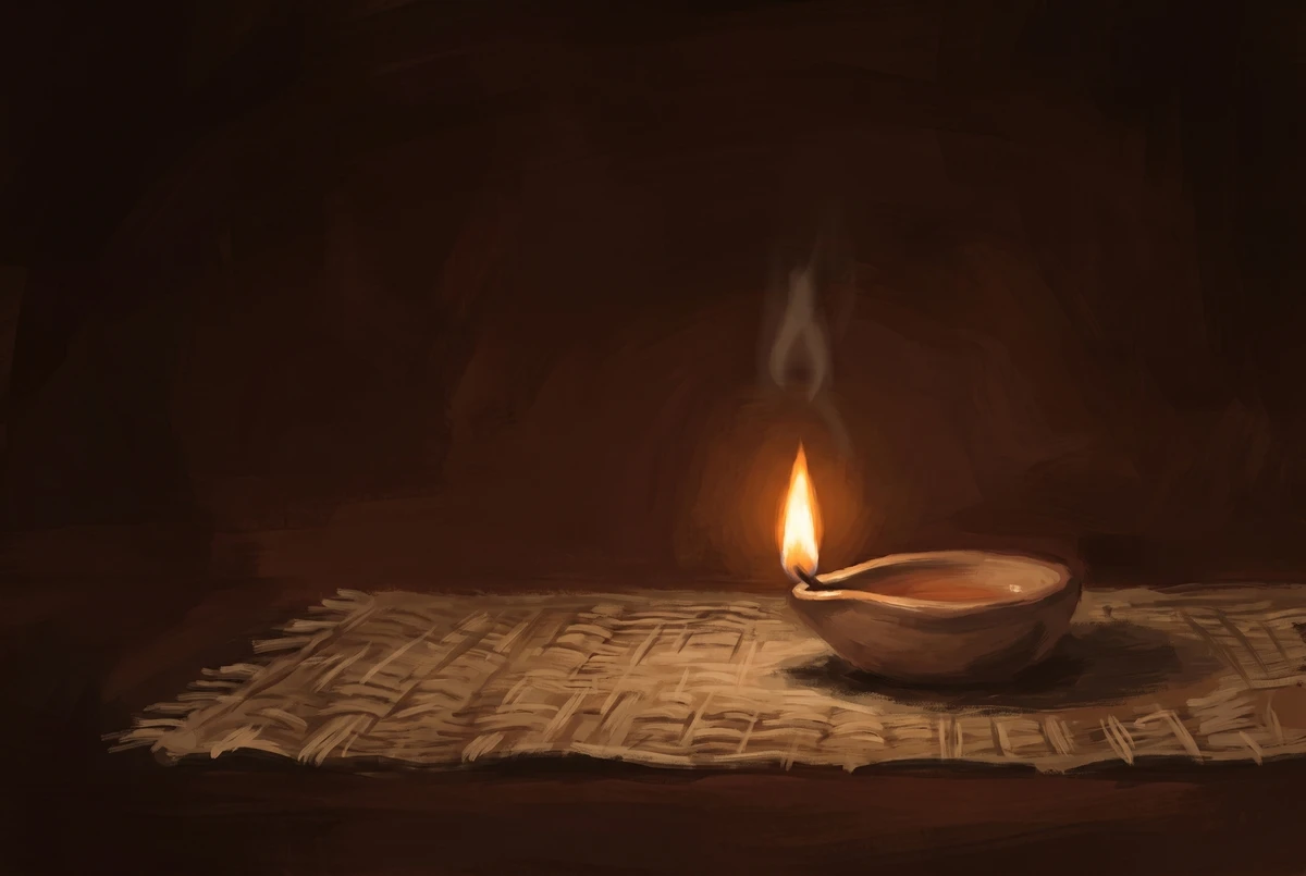 A small clay oil lamp with a single flame, with a faint ghostly afterimage of the flame floating softly above it, suggesting internal visualization