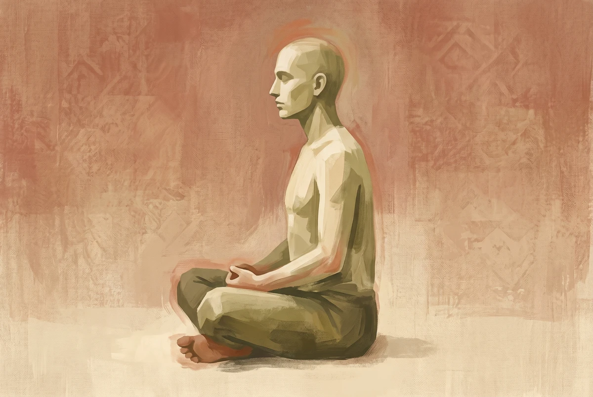 Side view of a seated meditating figure in earthy tones with subtle warm glows at the hands, feet, and crown of the head, representing the tingling, warmth, and lightness of deep practice.