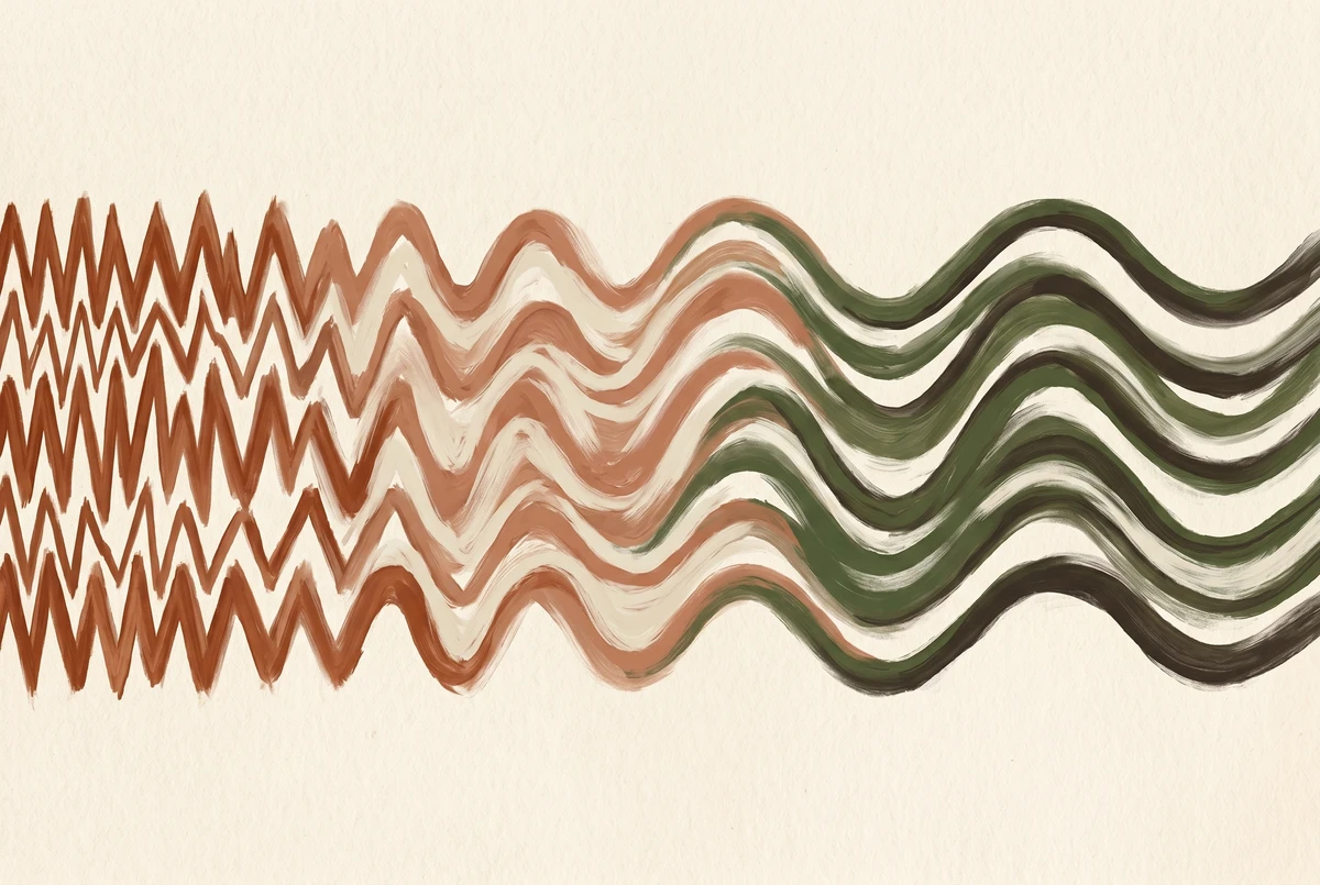 A horizontal progression of wave patterns in warm earthy tones, shifting from tight fast jagged waves on the left to long slow undulations on the right, representing the shift from beta to alpha to theta brain activity.