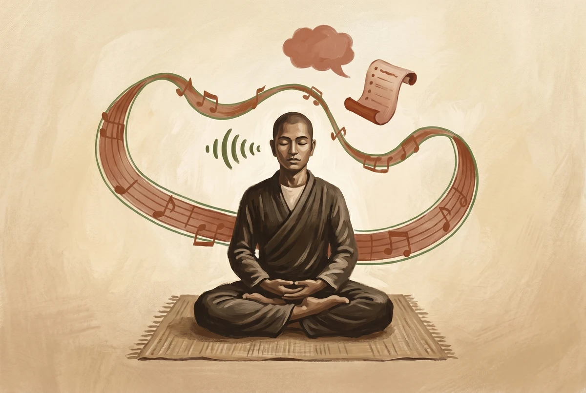 A seated meditator in warm earthy tones with faint drifting fragments of thoughts, sounds, and memories floating around the head, representing the restless first minutes of practice.