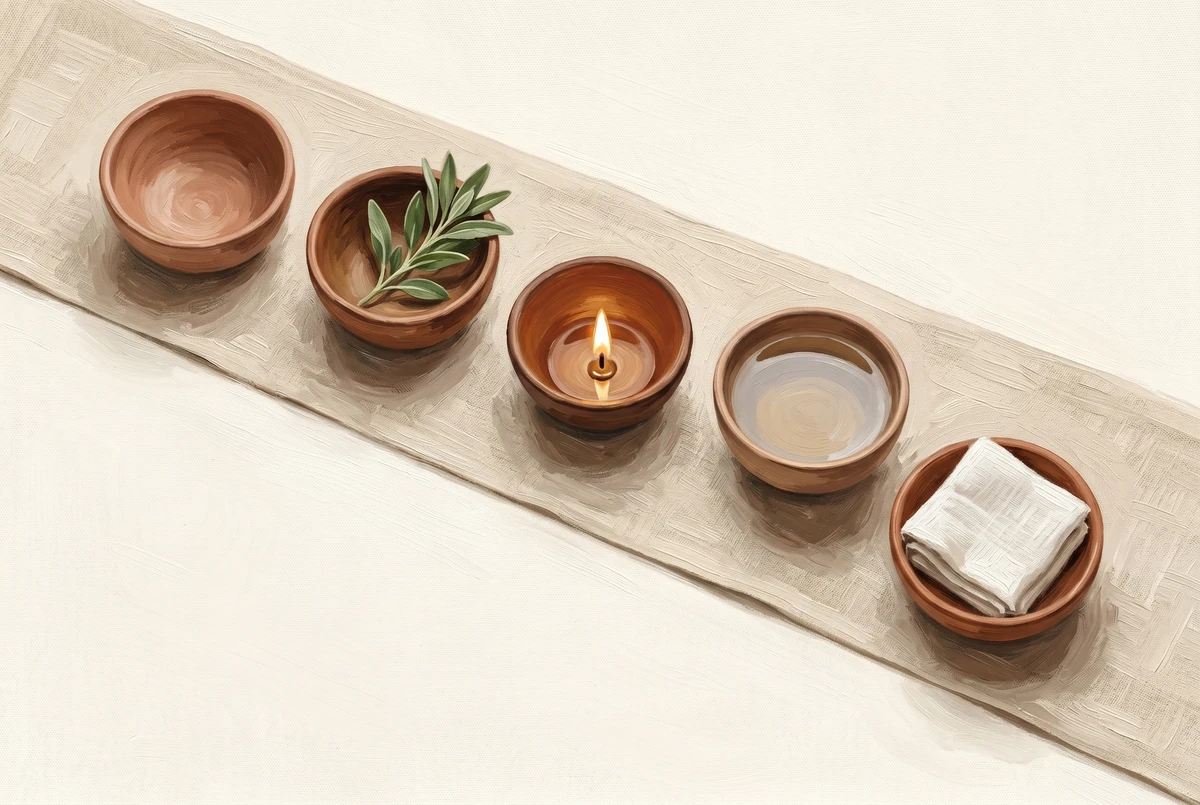 Five small clay bowls arranged in a gentle arc on a linen runner, each holding a different element representing the sequential stages of a sadhana session, warm earthy tones