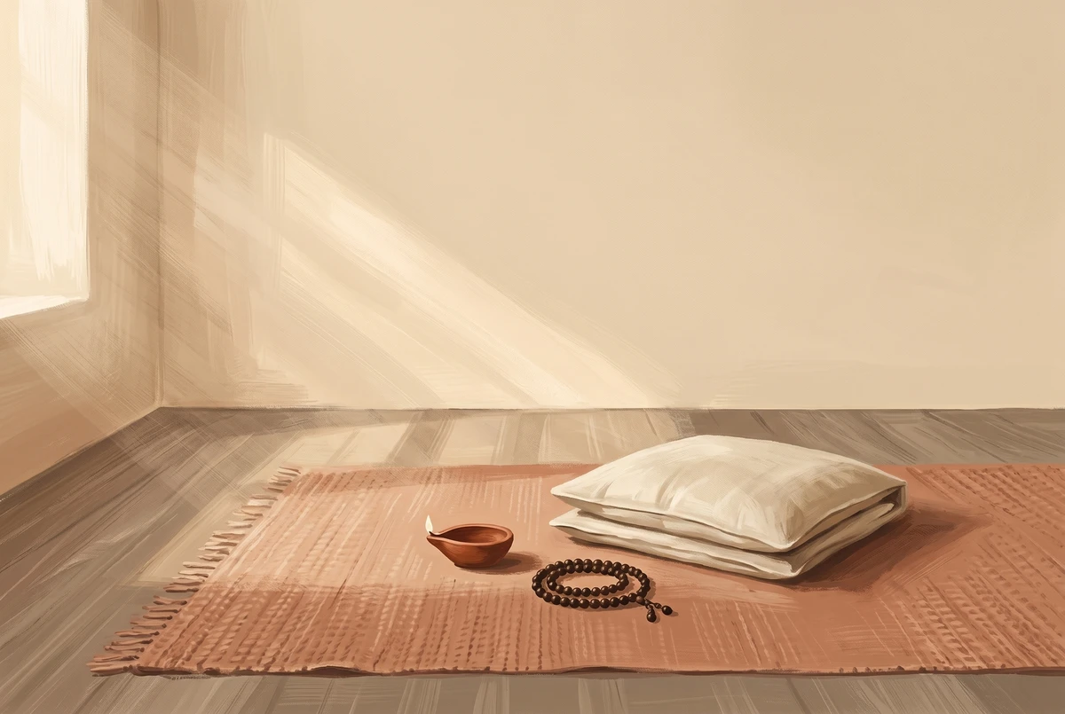 Quiet sunlit corner of a room at dawn with a single linen cushion on a woven clay rug, small unlit oil lamp and wooden mala beads beside it, warm diagonal morning light