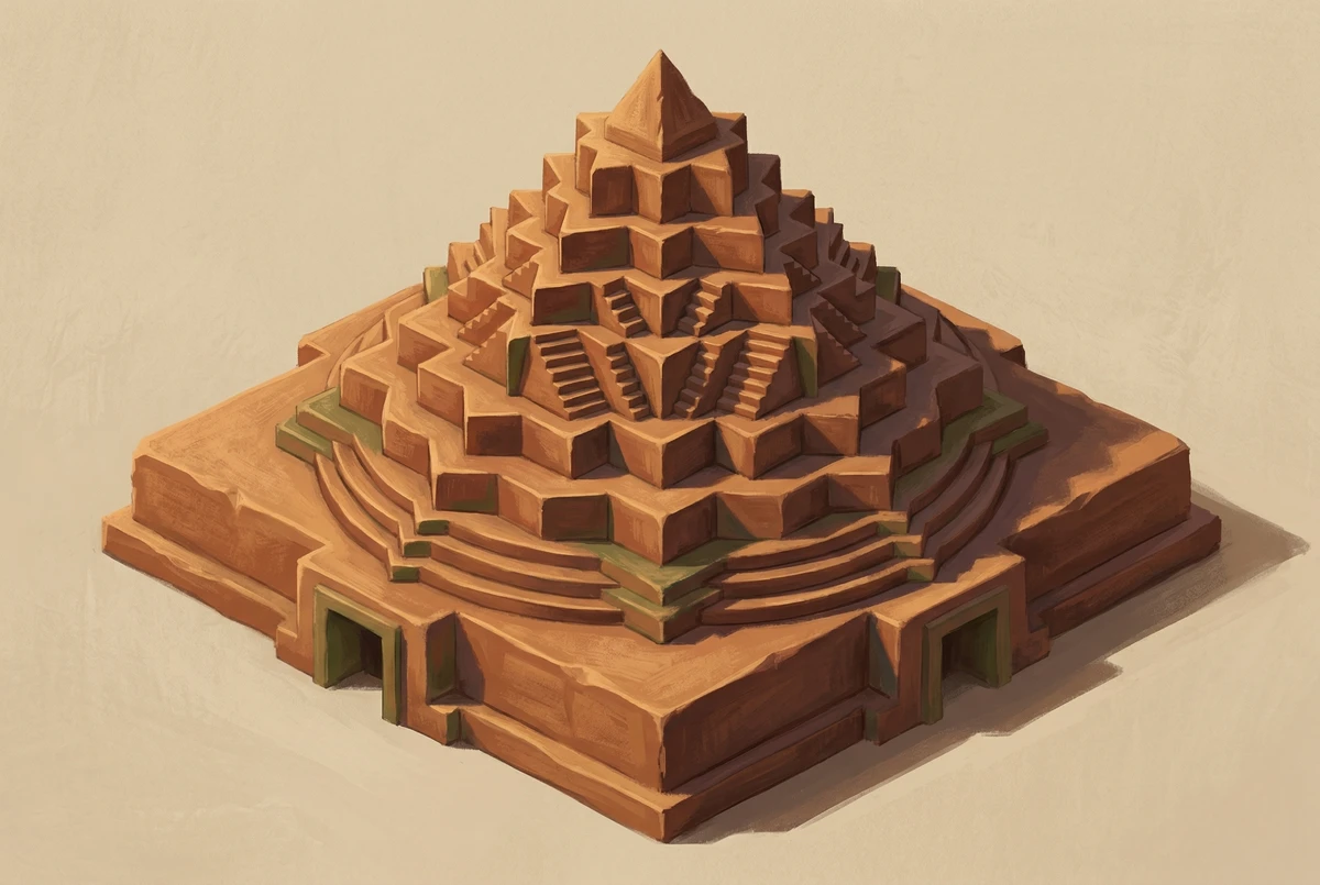 Sri Yantra Meru tridimensional en forma piramidal tallado en arenisca, mostrando terrazas escalonadas de triángulos entrelazados que ascienden hasta una cúspide