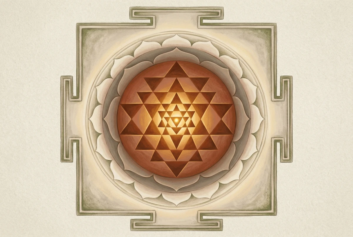 Sri Yantra mostrado como un mapa con nueve recintos concéntricos distintos, cada zona iluminada con luz progresivamente más cálida desde el cuadrado exterior hasta el punto central