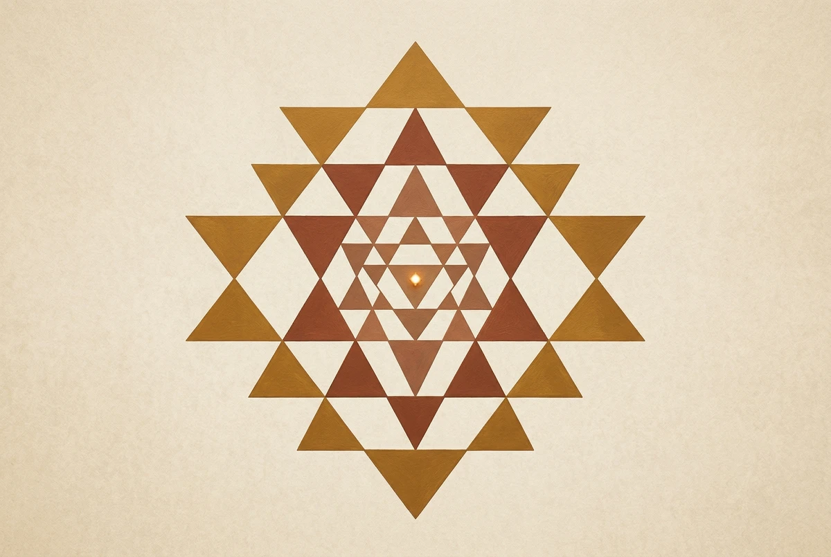 Nueve triángulos entrelazados del Sri Yantra con cuatro triángulos hacia arriba en dorado y cinco triángulos hacia abajo en marrón, mostrando sus intersecciones precisas