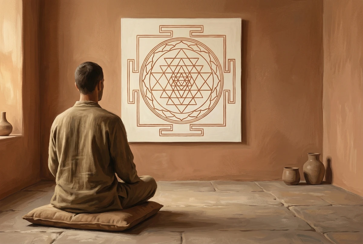 Persona sentada en meditación mirando un Sri Yantra colocado a la altura de los ojos en una pared, vista desde atrás en una habitación cálida y minimalista