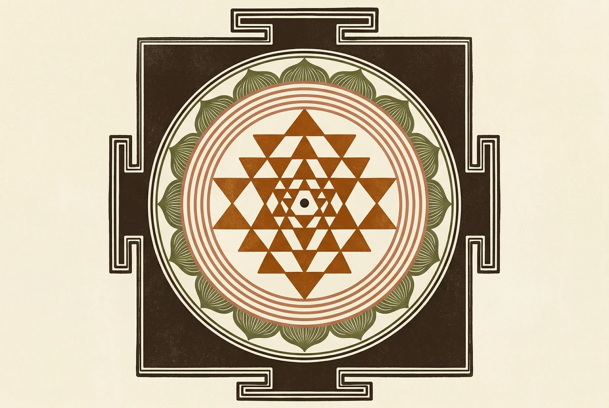 Anatomía del yantra mostrando capas distinguidas por colores: cuadrado exterior, pétalos de loto, círculos, triángulos entrelazados y punto central