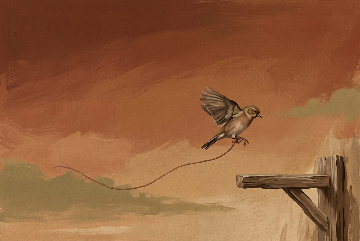 A painterly bird on a tether returning to a wooden perch, illustrating attention returning to its anchor after wandering