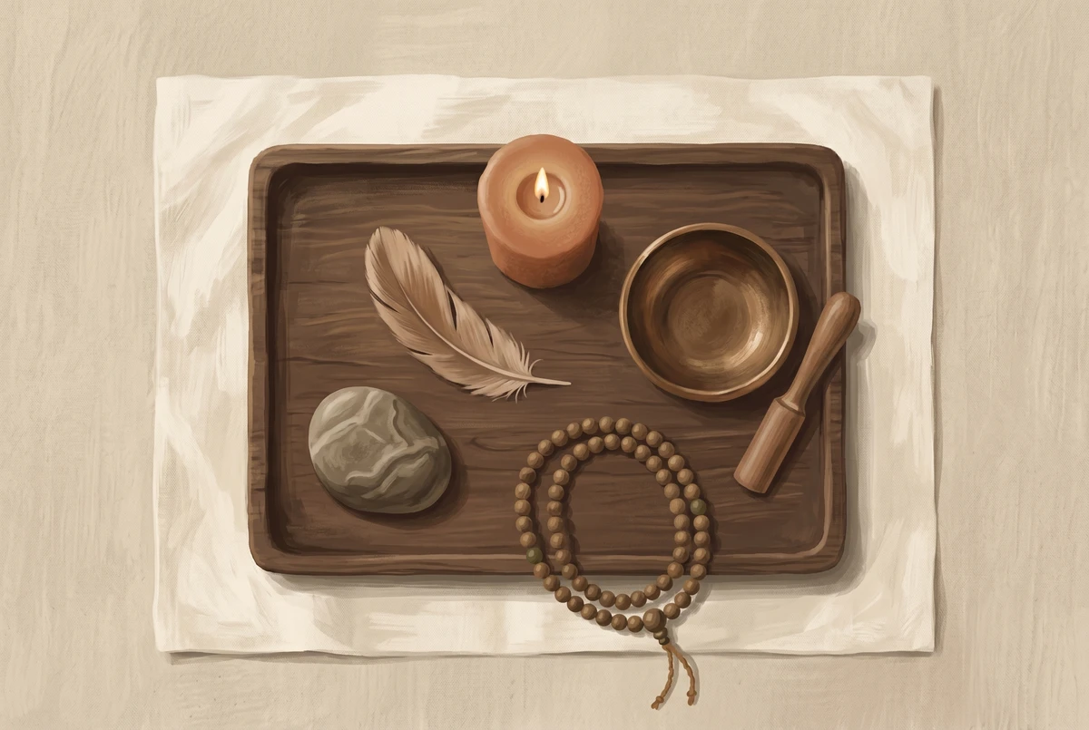 Overhead still life of five concentration meditation objects on a wooden tray: candle, mala beads, singing bowl, stone, and feather