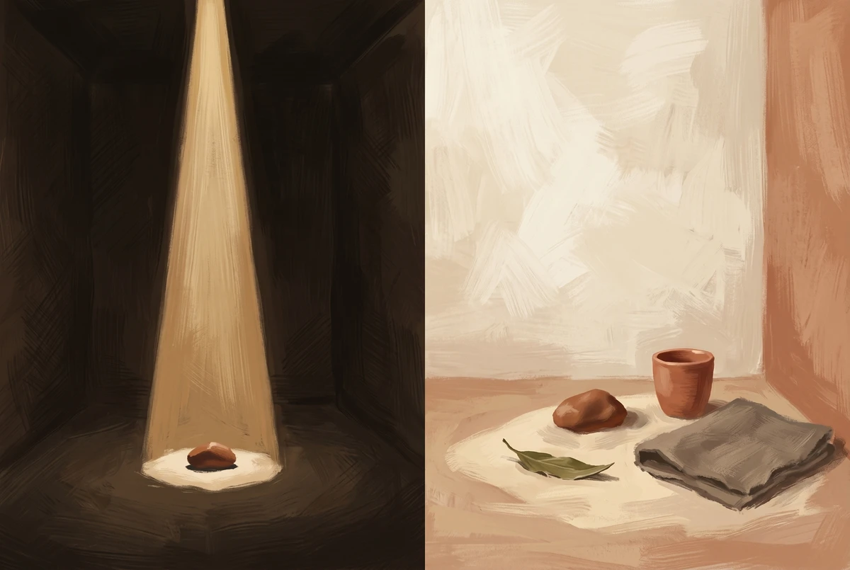 A split painterly scene contrasting a narrow spotlight on one object with diffuse ambient light revealing a whole room, illustrating concentration versus mindfulness