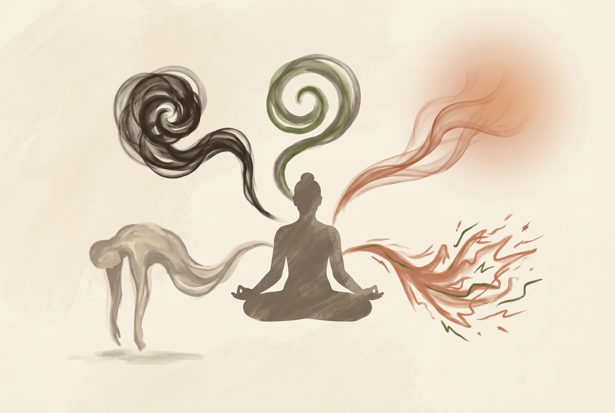 A seated meditator surrounded by five wispy forms pulling in different directions, illustrating the five hindrances to concentration