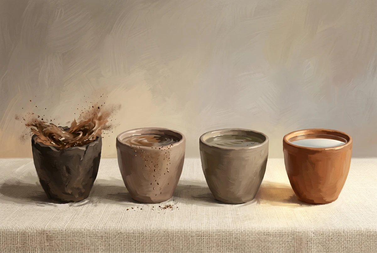 Four clay vessels of water progressing from turbulent to mirror-still, illustrating the stages of deepening concentration