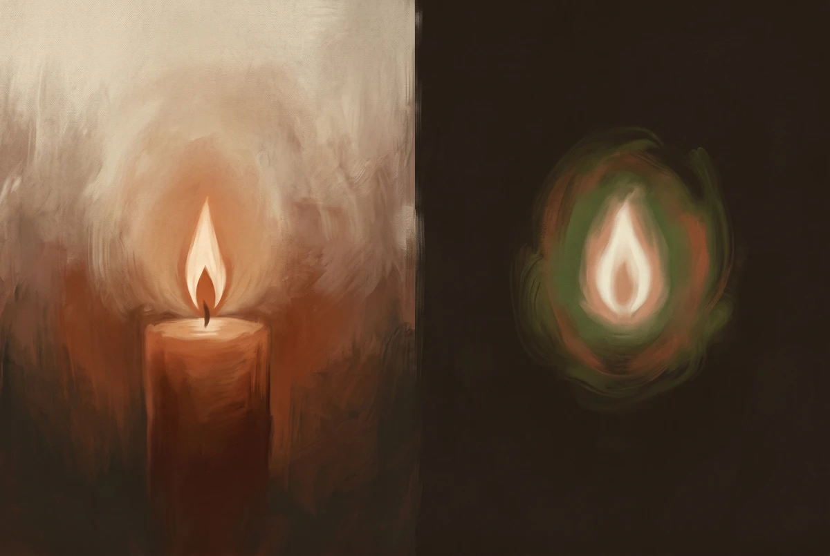 Split composition showing a candle flame on the left and its glowing colored afterimage on the right, illustrating the afterimage stage of trataka
