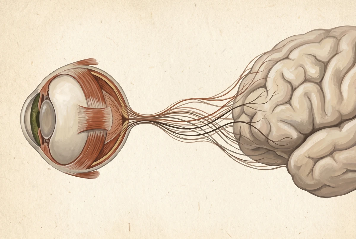 A painterly anatomical illustration of an eye connected to a brain by a web of neural filaments, showing that the retina is brain tissue