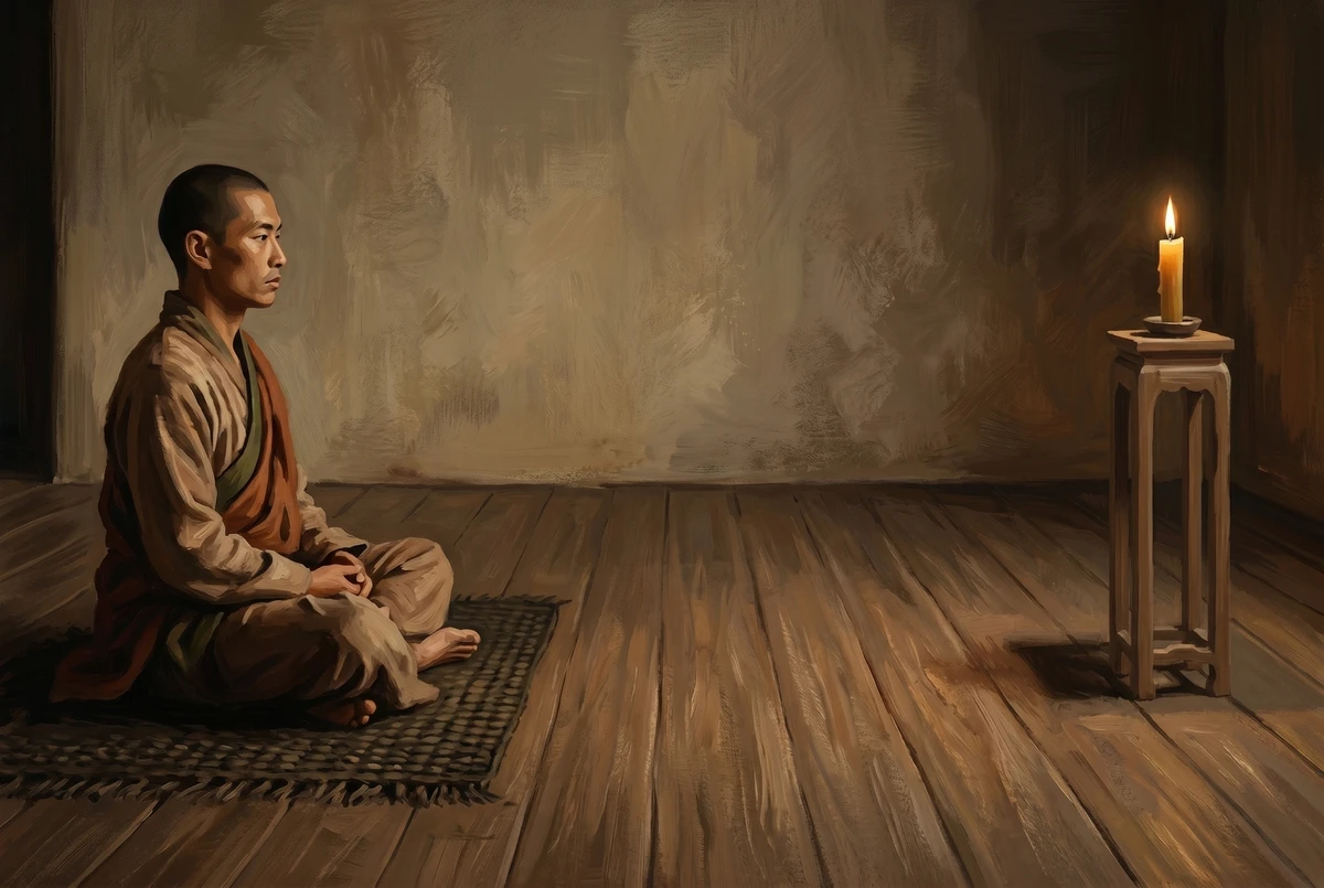 Side view of a seated meditator facing a candle placed at eye level across a stretch of empty floor, showing the correct trataka setup