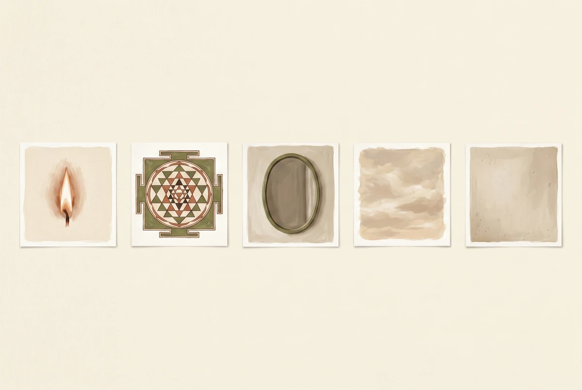 Five small painterly vignettes in a row showing the main gazing meditation objects: candle, yantra, mirror, sky, and blank wall