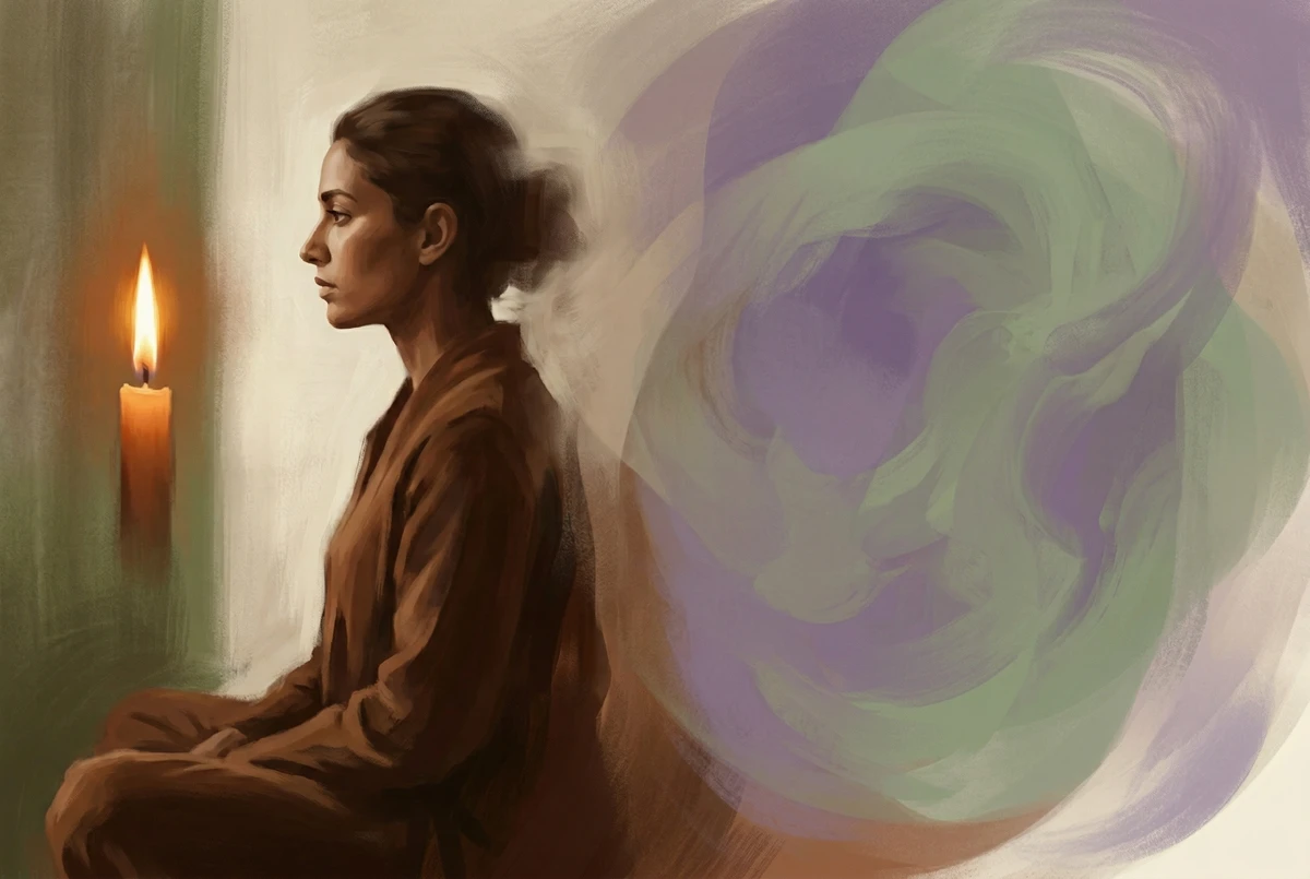 Un meditador de perfil con la llama de una vela a la izquierda que se transforma en un suave resplandor residual violeta-verde a la derecha, ilustrando el paso del trataka externo al interno