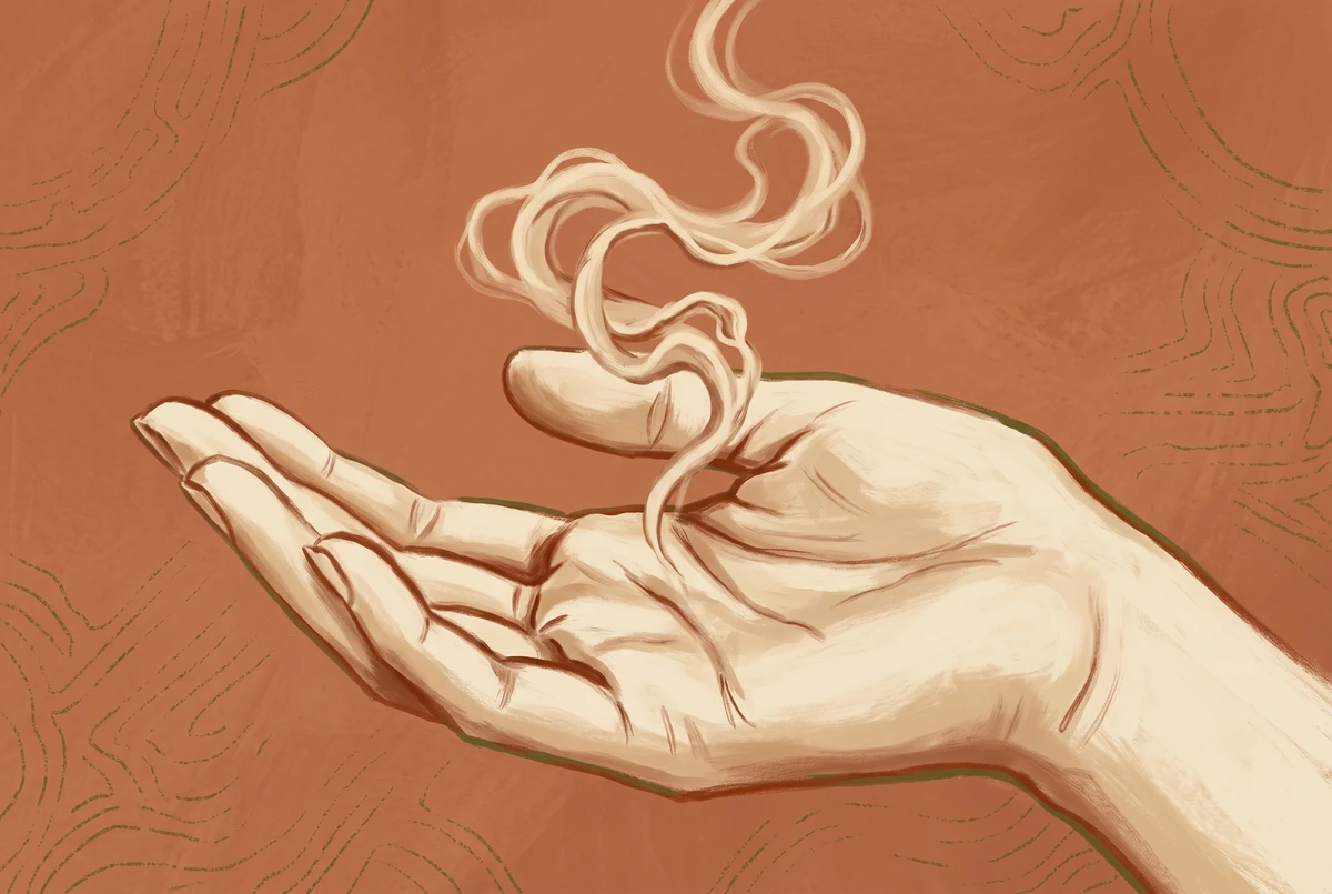 A cupped hand holding a curl of vapor that twists and distorts where the hand touches it, illustrating the observer-control paradox