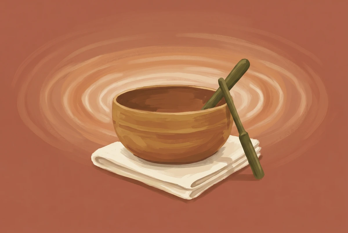 A brass singing bowl with a wooden striker on a cream cloth, soft concentric ripples of warm light radiating outward and fading into a clay background