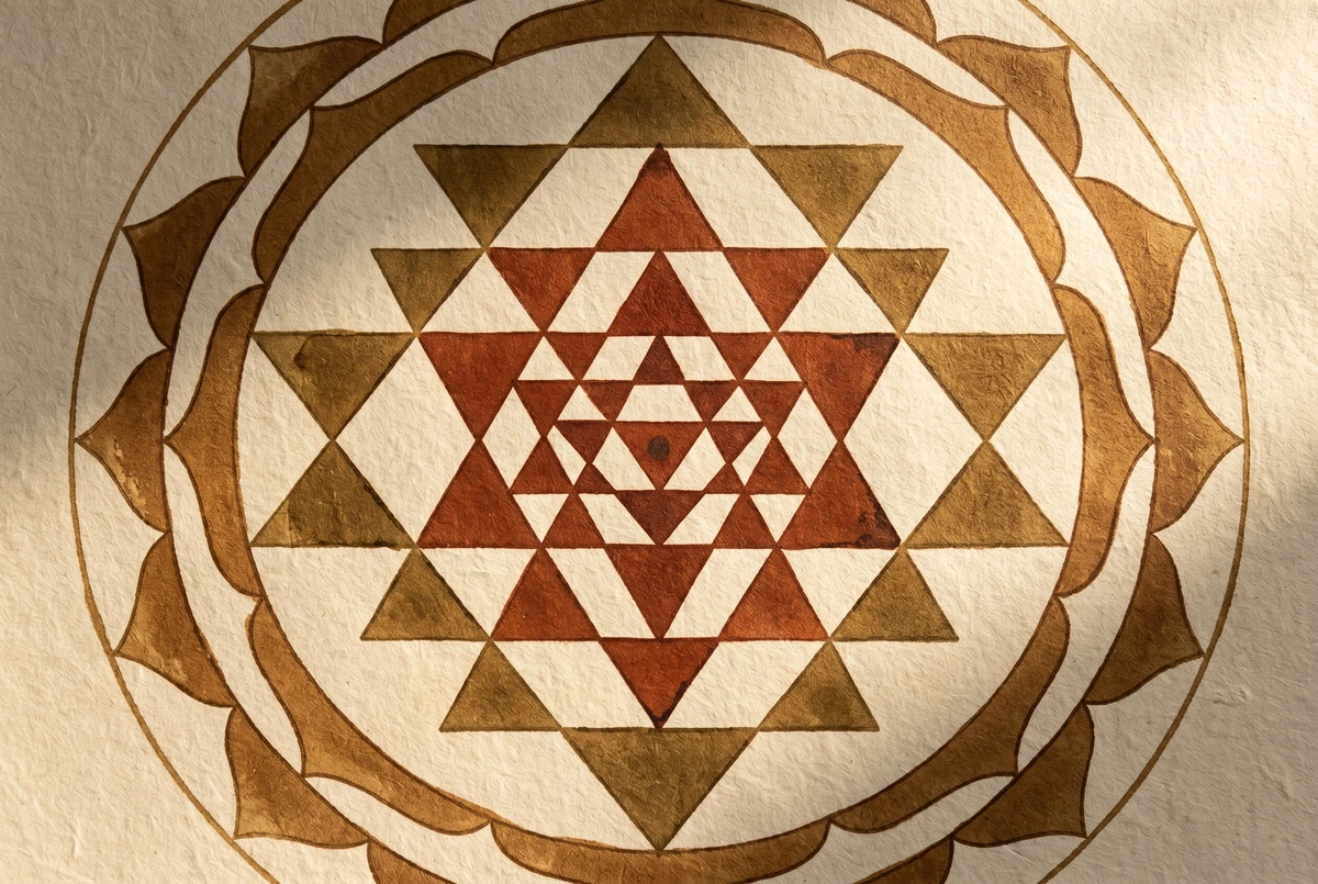 Overhead close-up of a Sri Yantra geometric pattern with nested interlocking triangles emerging from a central point, rendered in ochre and sienna ink on cream paper