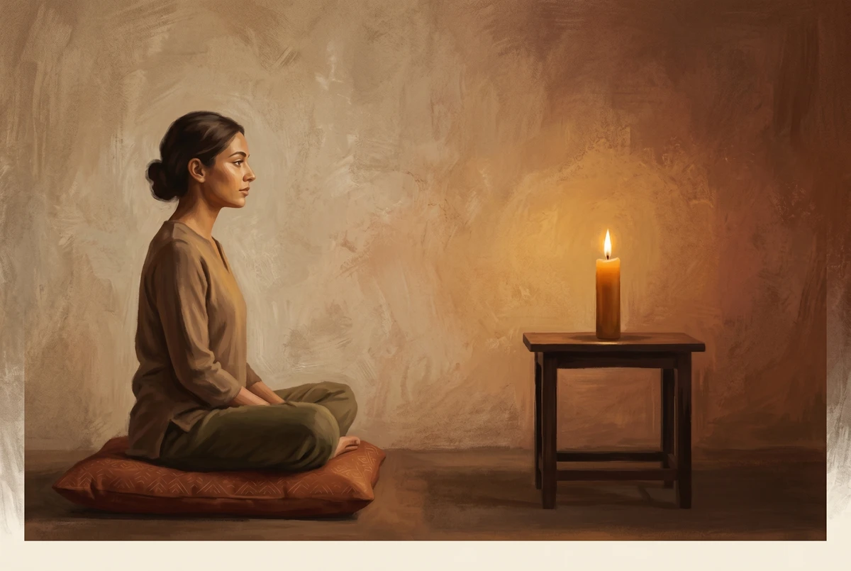 Side profile of a person seated cross-legged on a cushion at arm's length from a single candle on a low wooden table, softly gazing at the flame