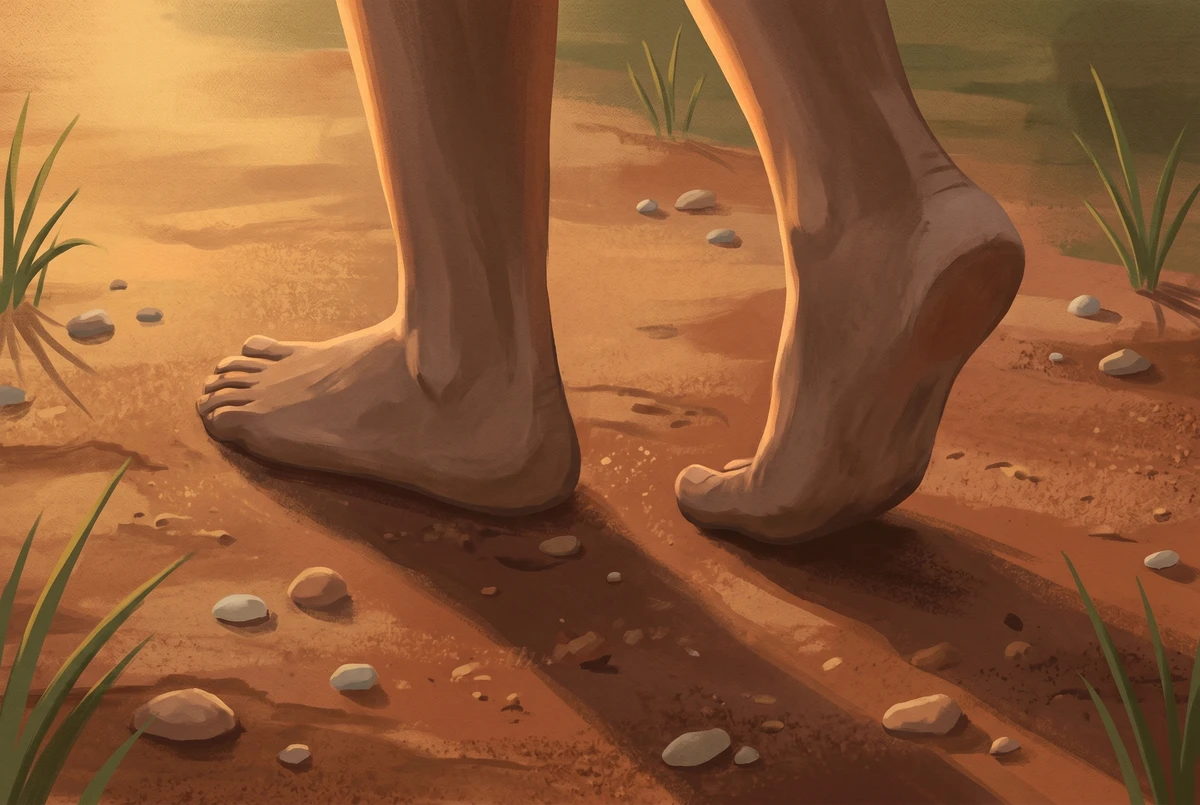 Close-up of bare feet mid-step on a warm clay earth path with olive grass at the edges, in warm sunset light