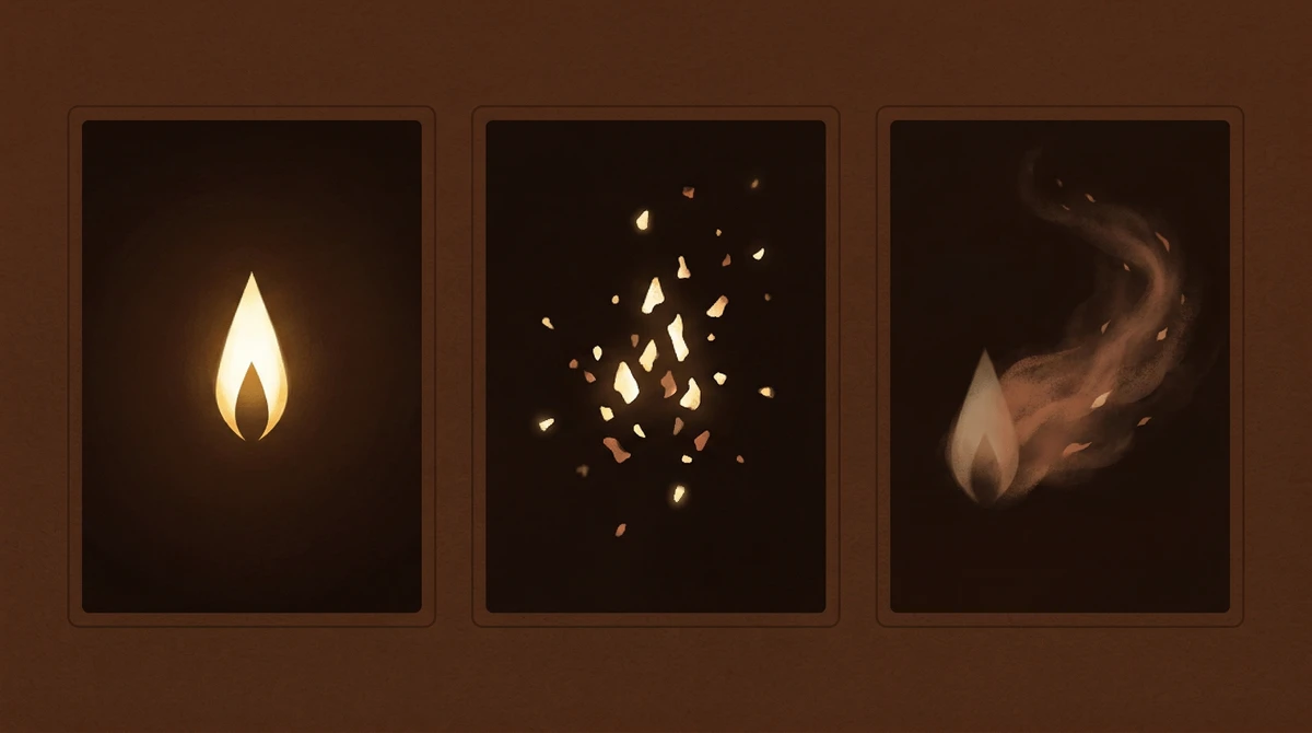 Tres estados de la postimagen durante el trataka: una forma de llama estable, brillante y centrada; una forma de llama que se fragmenta y se desvanece; y una forma de llama que se desvía hacia un lado