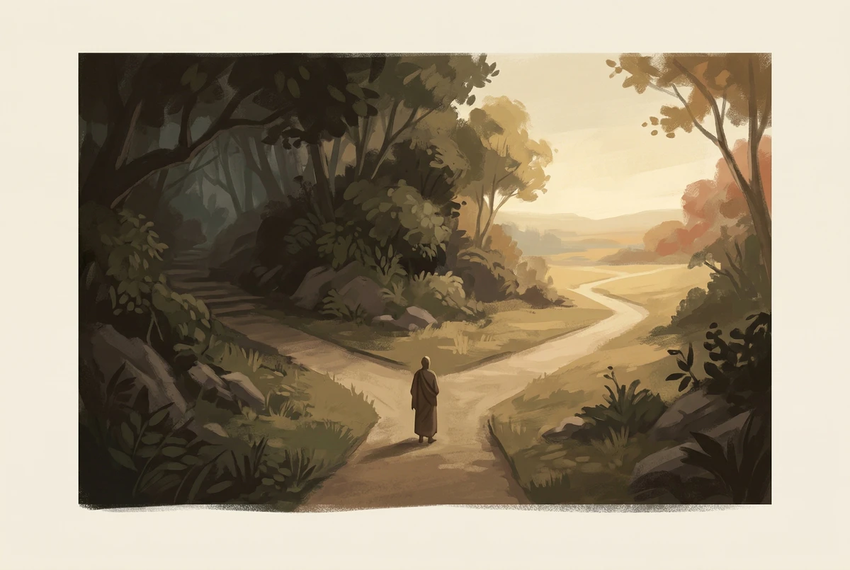 Una persona de pie ante una bifurcación en el camino: una rama desciende hacia la sombra que representa el sueño, la otra se abre hacia una luz cálida que representa la meditación profunda