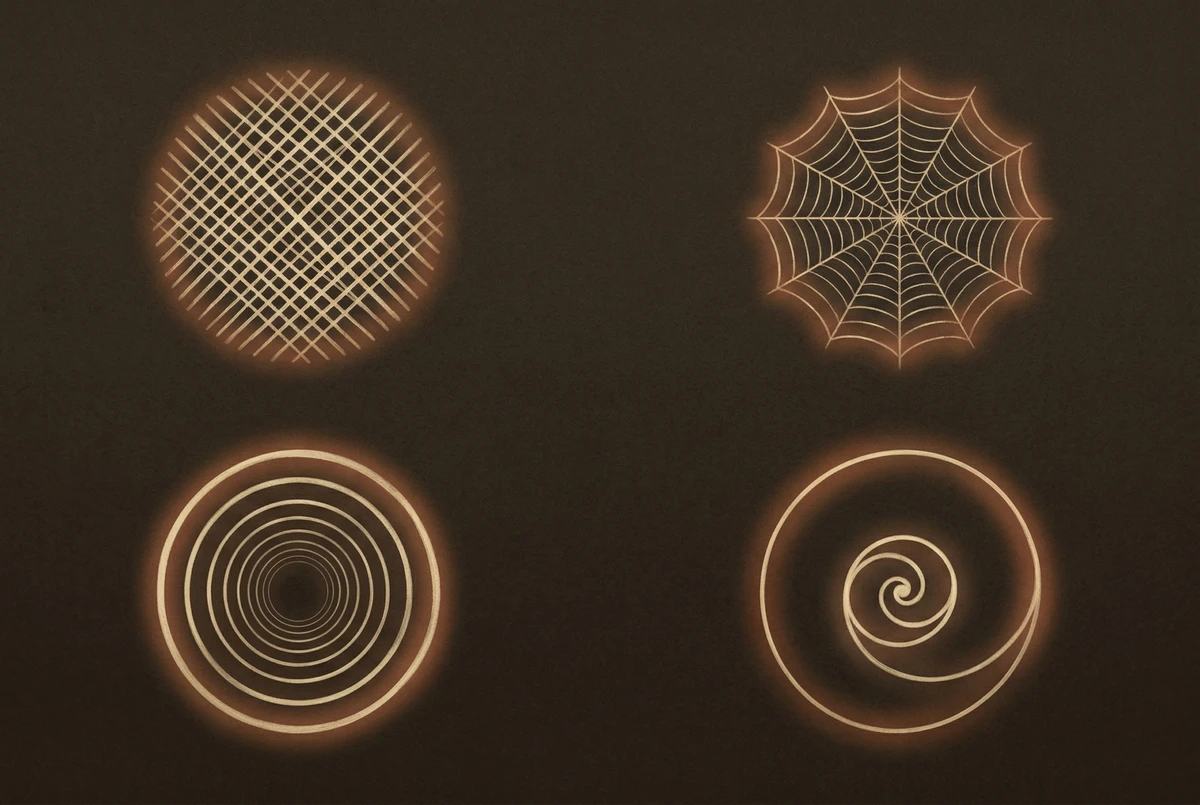 Cuatro patrones geométricos de fosfenos — una rejilla en cuadrícula, una tela de araña, un túnel de círculos concéntricos y una espiral — que representan las constantes formales universales generadas por la corteza visual durante la meditación trataka