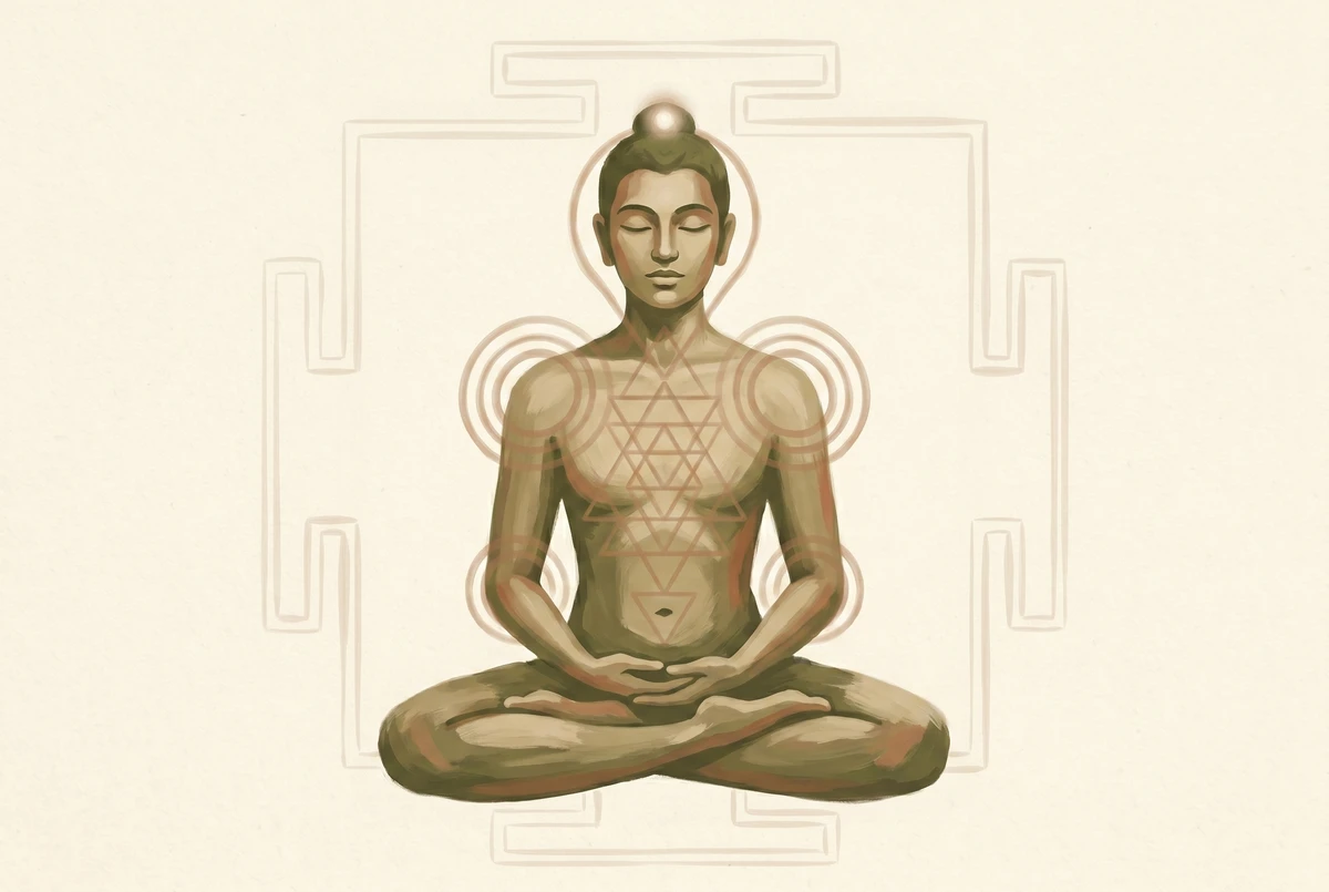 A seated meditating figure with a translucent yantra overlaid on their body — a luminous point at the crown, triangles along the torso, and a square enclosure tracing the silhouette