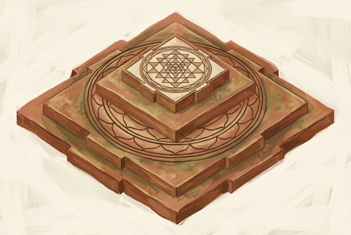 A brass Maha Meru — the three-dimensional pyramidal projection of the Sri Yantra — with stepped geometric tiers rising to a central apex point
