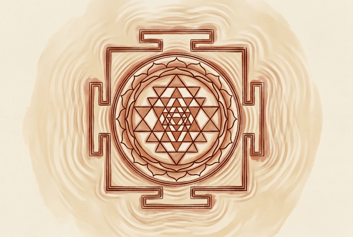 A yantra diagram whose geometric lines emit soft resonant ripples, suggesting form and sound as the same substance