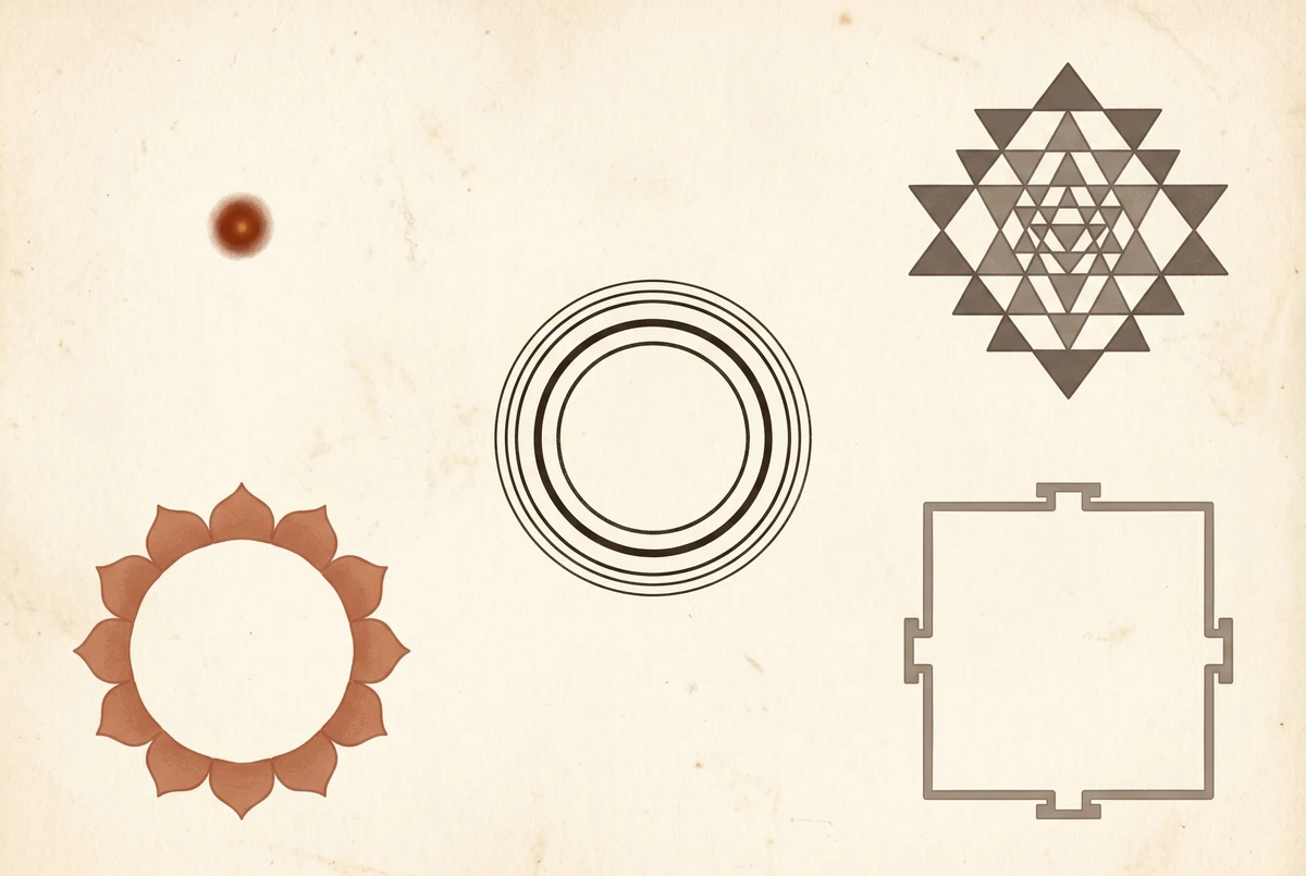 An exploded diagram showing the layered components of a yantra — central point, interlocking triangles, concentric circles, lotus petals and a square enclosure with gates